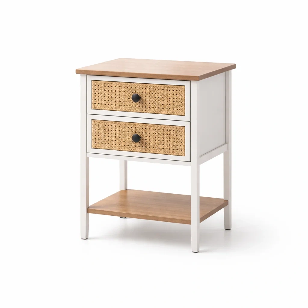 Comodino in Metallo MDF e Rattan Bianco e Naturale-ZENVIBEZZ