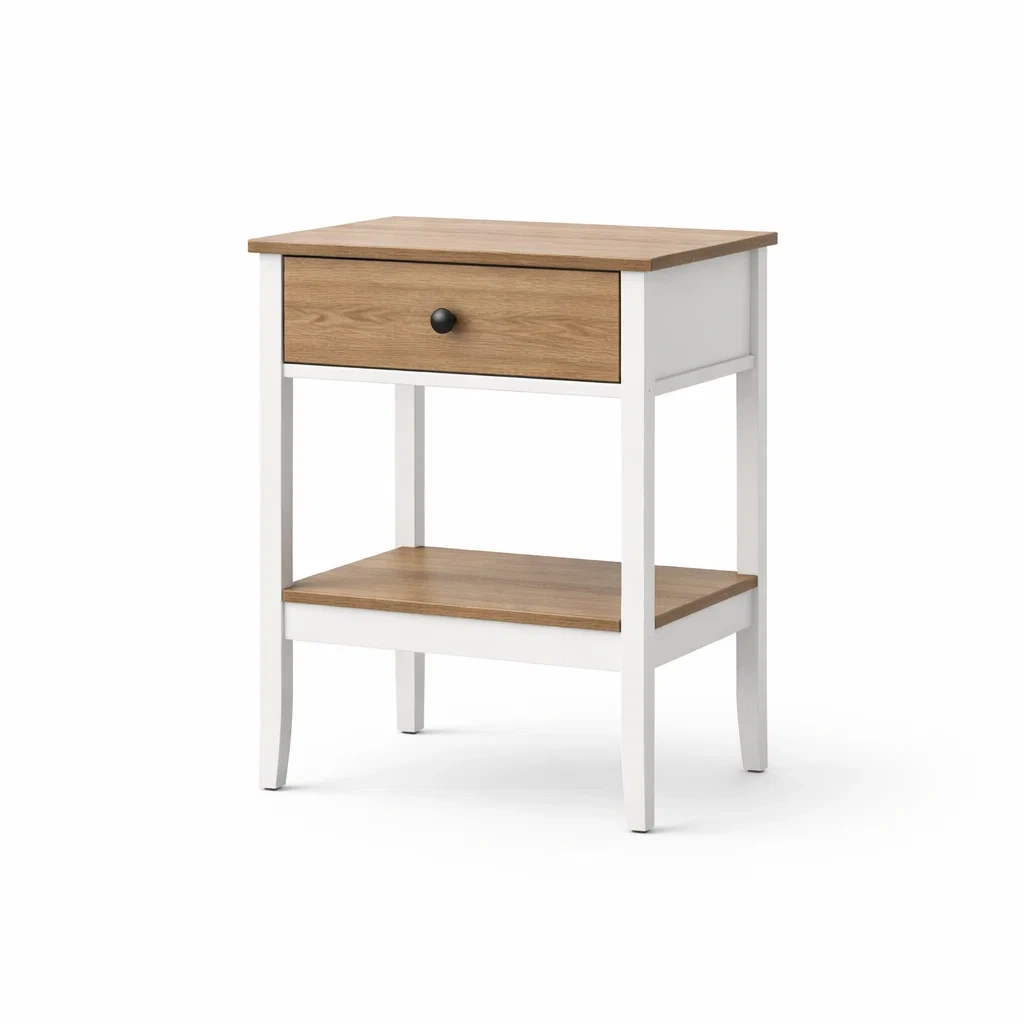 Comodino in Legno e MDF Bianco e Rovere con Cassetto-ZENVIBEZZ