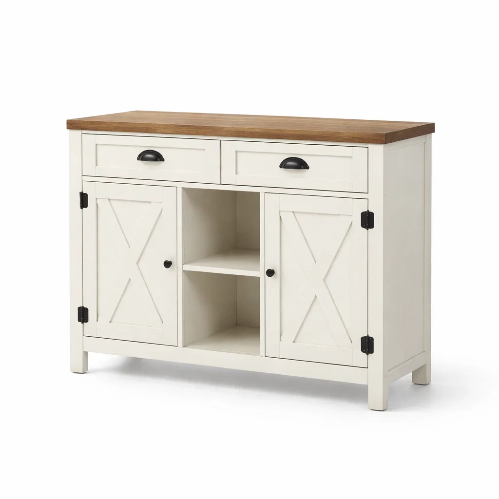 Credenza in Legno e MDF con Ripiani e Due Cassetti Bianco e Naturale-ZENVIBEZZ