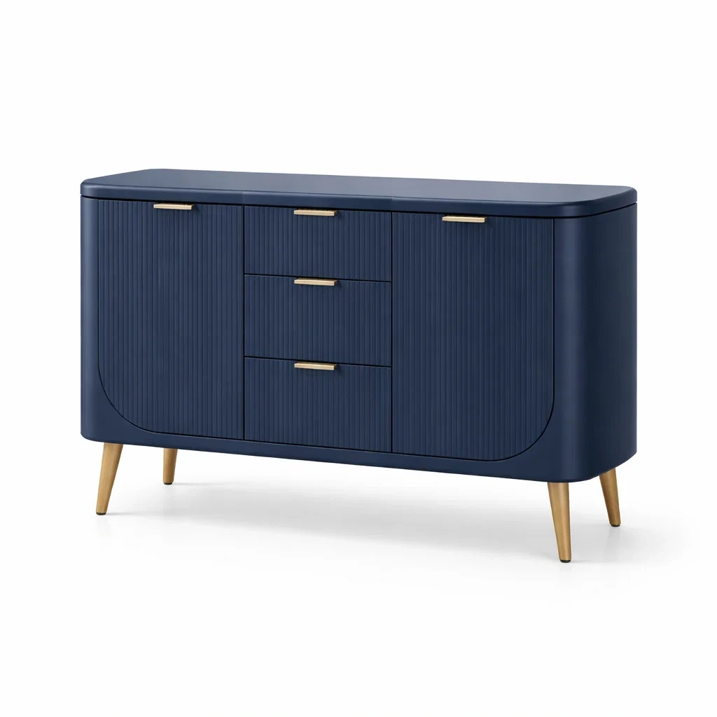 Credenza in Legno MDF Blu e Metallo con Gambe Dorate e Tre Cassetti e Due Ante-ZENVIBEZZ