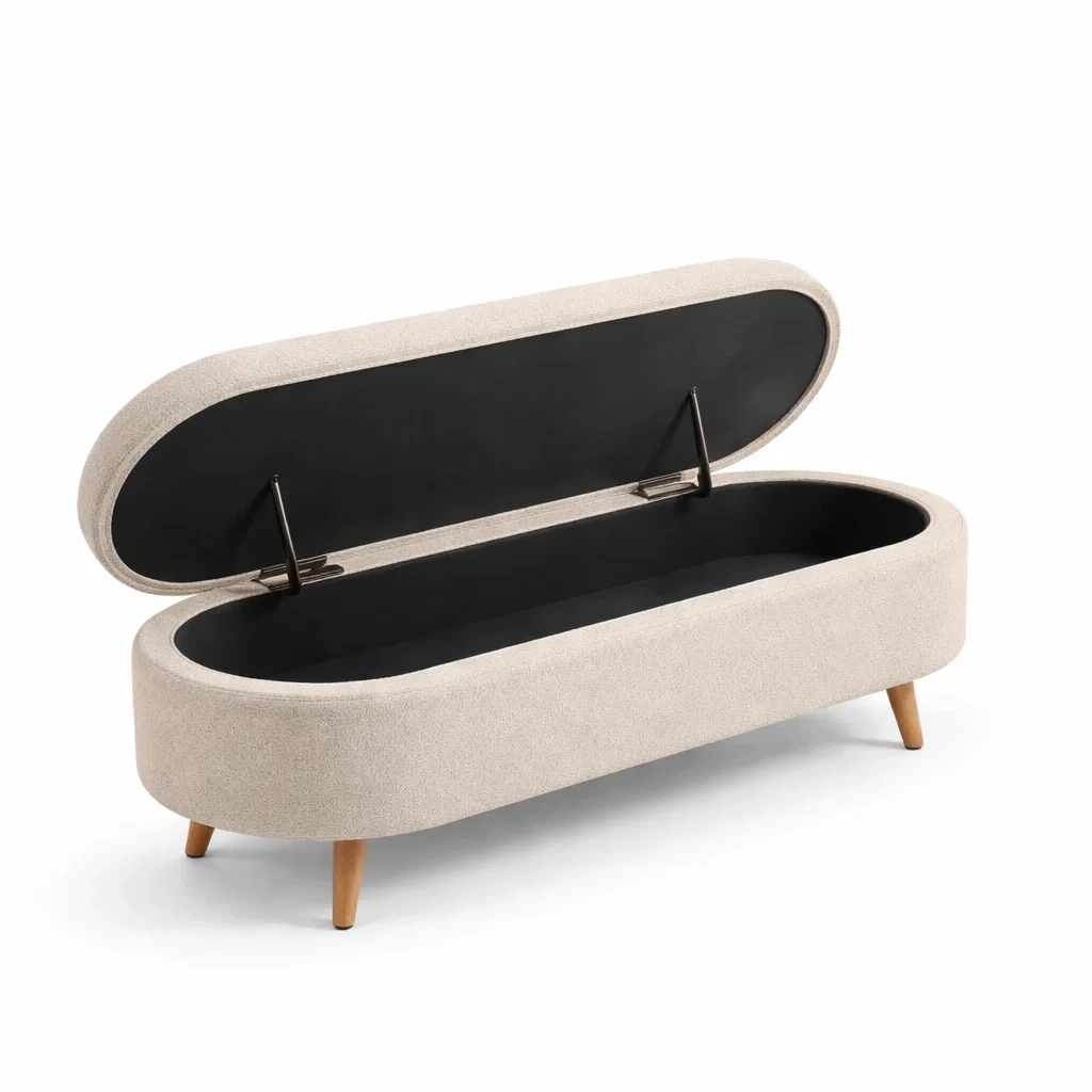 Panca contenitore in Tessuto Beige con Gambe in Legno-ZENVIBEZZ