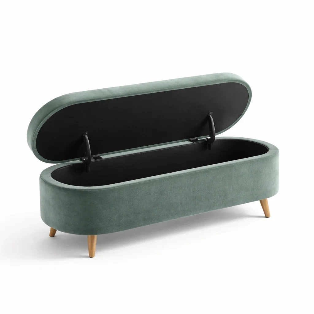 Panca contenitore in Velluto Verde con Gambe in Legno-ZENVIBEZZ