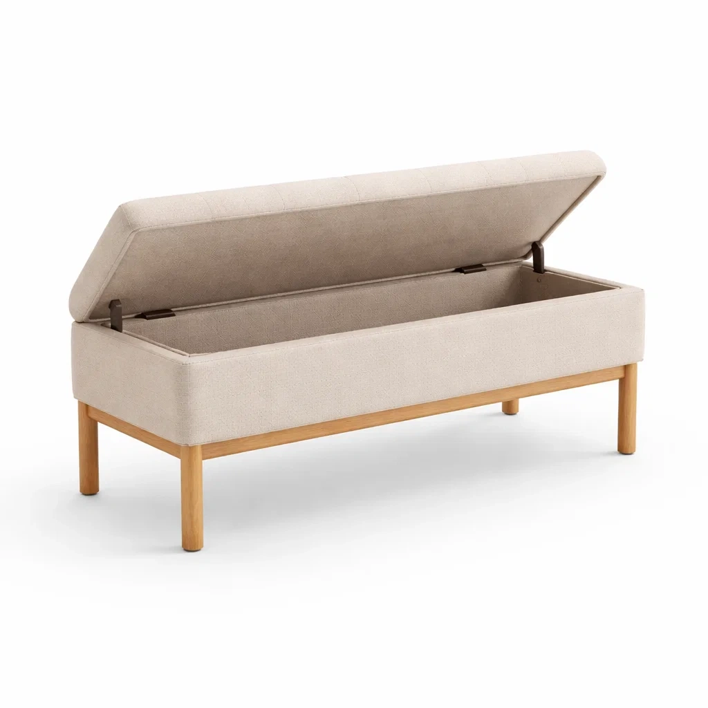 Panca contenitore in Tessuto di Cotone Beige con Gambe in Legno di Quercia-ZENVIBEZZ