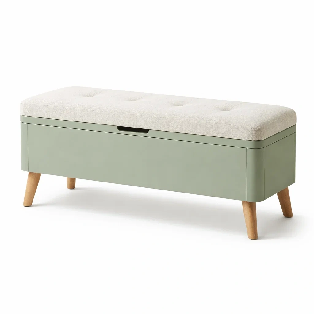 Panca contenitore in Legno e Tessuto Verde Beige-ZENVIBEZZ