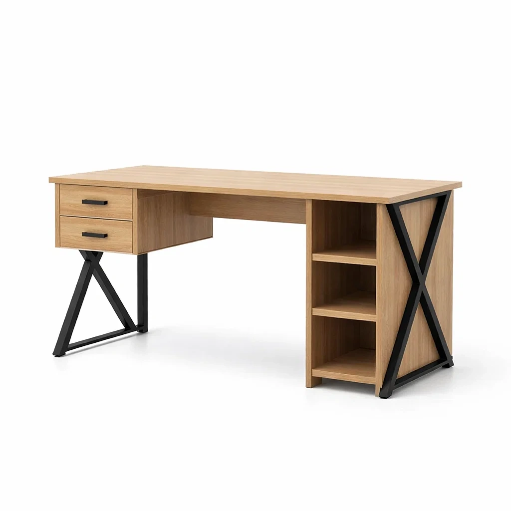 Scrivania in MDF e Metallo con Cassetti e Ripiani-ZENVIBEZZ