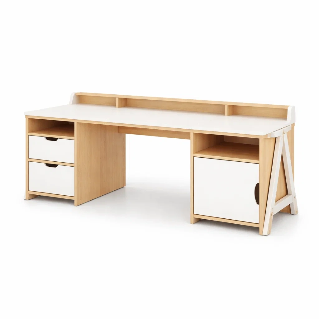 Scrivania in Legno e MDF con Cassetti e Armadio Bianco-ZENVIBEZZ