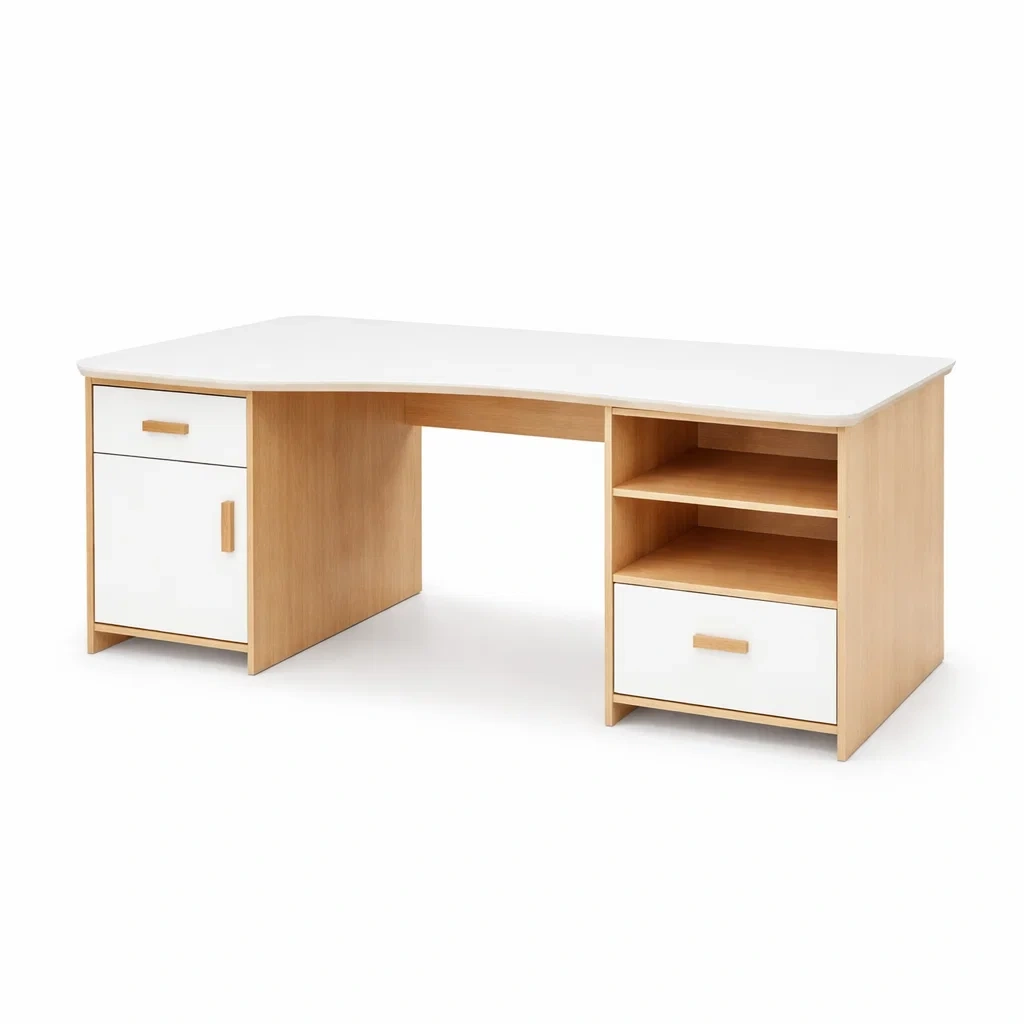 Scrivania Angolare in MDF e Legno Bianco con Cassetti e Ripiani-ZENVIBEZZ