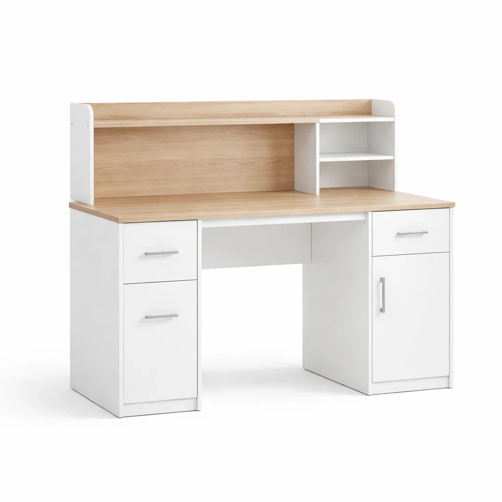 Scrivania in Truciolato Bianco e Rovere Chiaro con Ripiani e Cassetti-ZENVIBEZZ