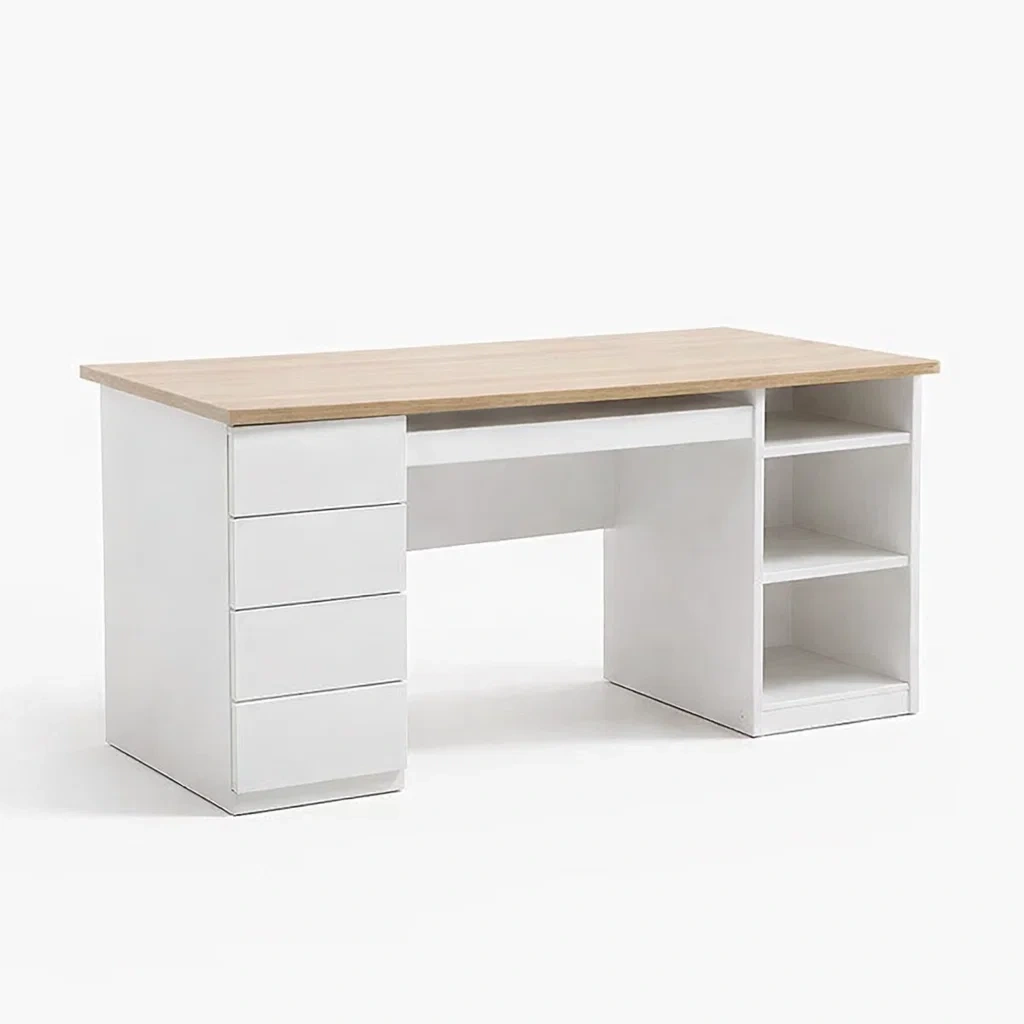 Scrivania in MDF Bianco e Rovere con Cassetti e Ripiani-ZENVIBEZZ