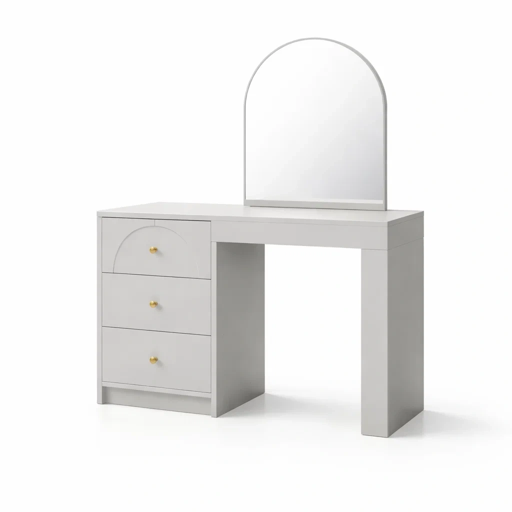 Toeletta con Specchio e Tre Cassetti in Legno Ingegnerizzato Grigio-ZENVIBEZZ