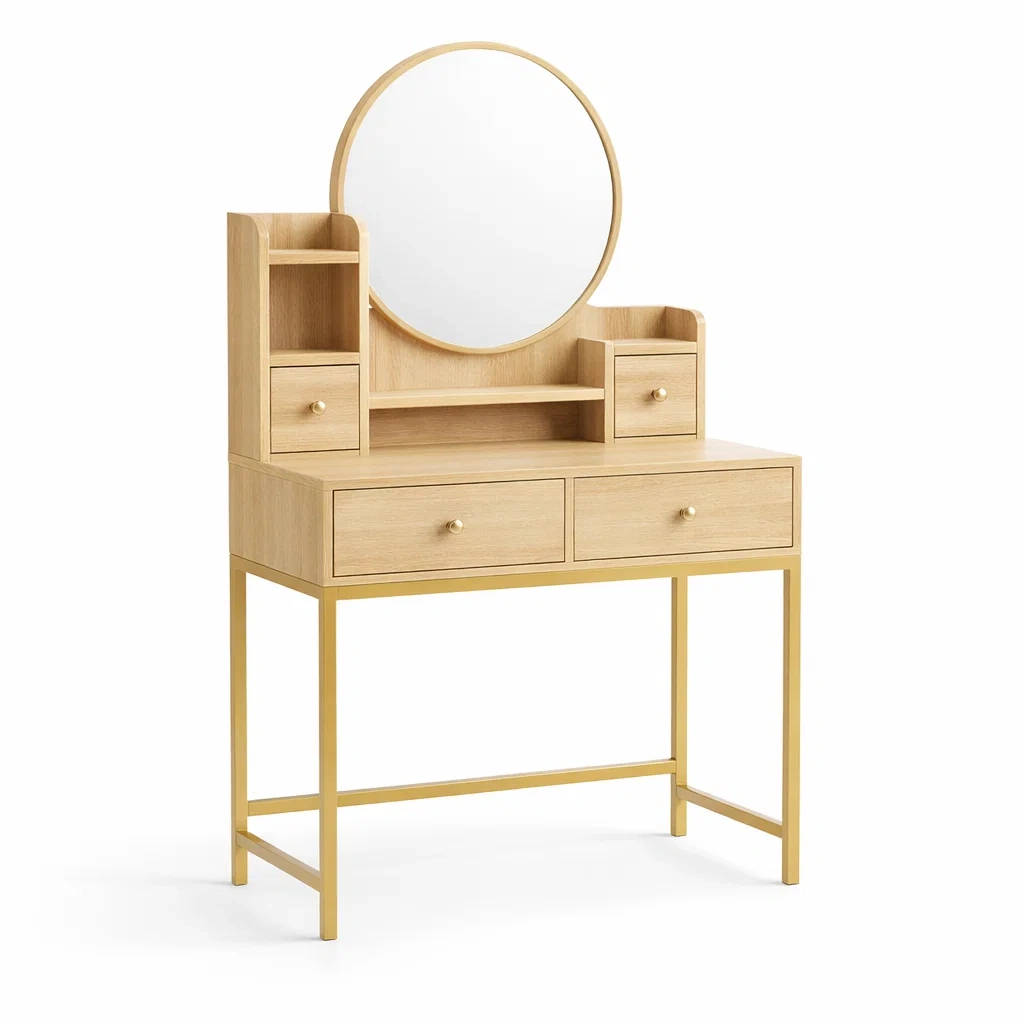 Toeletta con Specchio Rotondo in Legno di Quercia e Metallo-ZENVIBEZZ