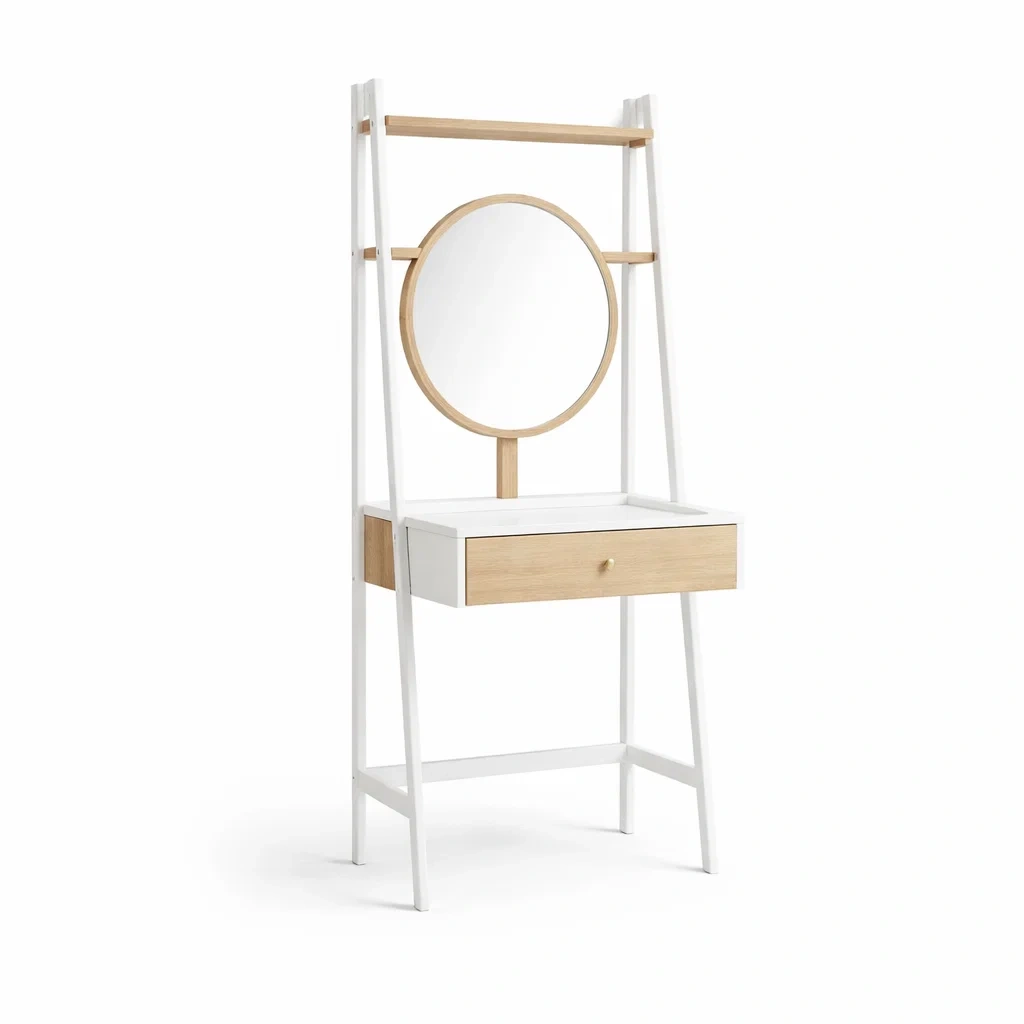 Toeletta con Specchio Rotondo e Cassetto in Metallo e Legno Bianco e Rovere-ZENVIBEZZ