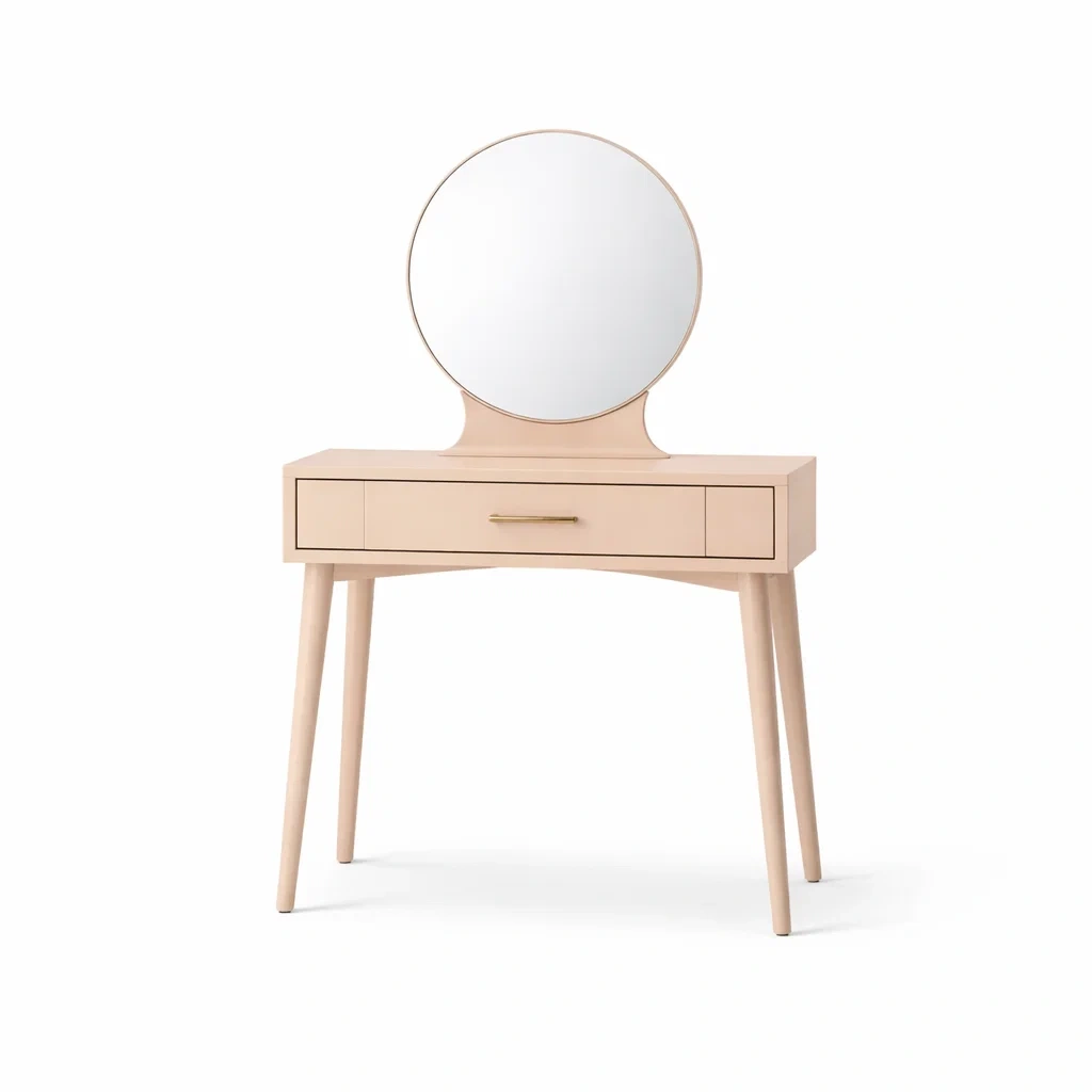 Toeletta con Specchio Rotondo in Legno Beige-ZENVIBEZZ