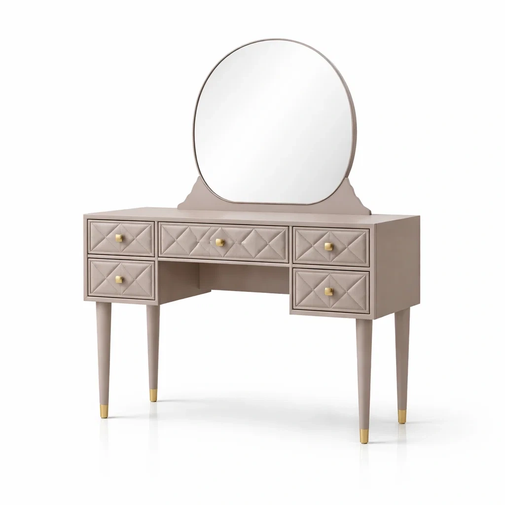 Toeletta in Legno con Specchio e Rivestimento in Pelle Sintetica Beige-ZENVIBEZZ