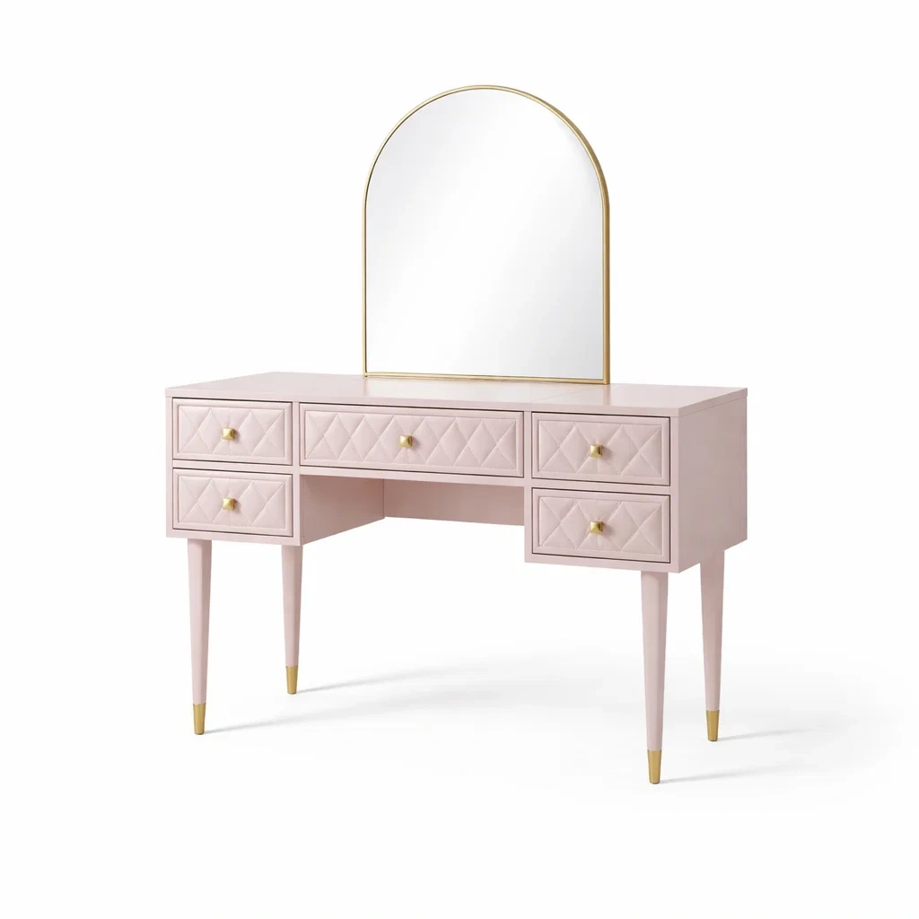 Toeletta in Legno con Specchio e Cassetti Rosa-ZENVIBEZZ