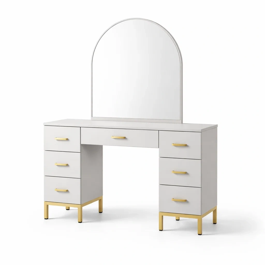 Toeletta con Specchio ad Arco in MDF e Acciaio Bianco e Oro-ZENVIBEZZ