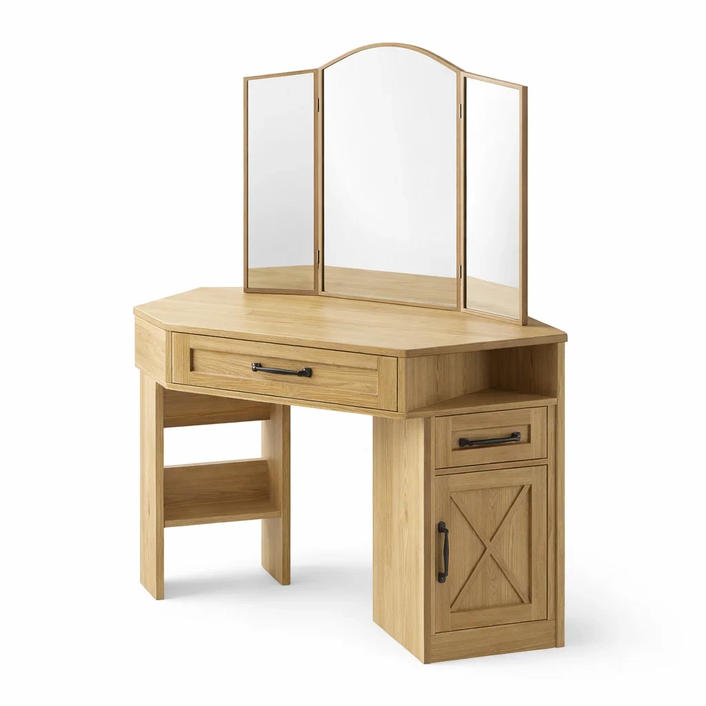 Toeletta in Legno di Rovere con Specchio Tripartito e Cassetti-ZENVIBEZZ