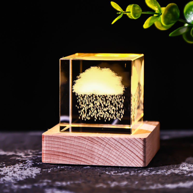 Galaxy Crystal Cube Night Light with Wooden Base - Noogni