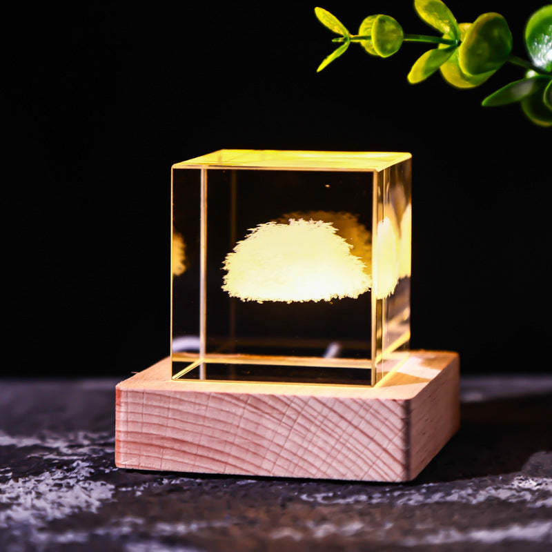 Galaxy Crystal Cube Night Light with Wooden Base - Noogni