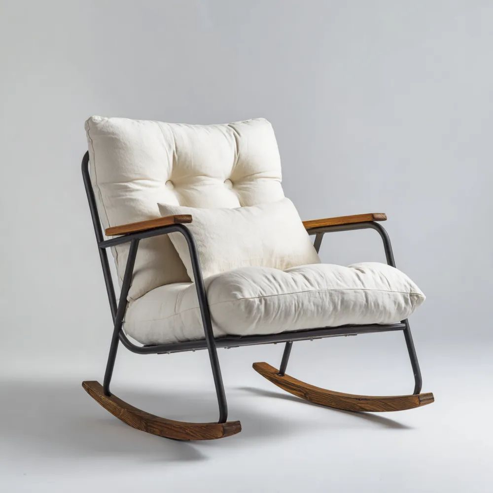 Fauteuil à bascule métal et bois 100x70x90 cm – Coussins Crème – Design contemporain-Decoelivo