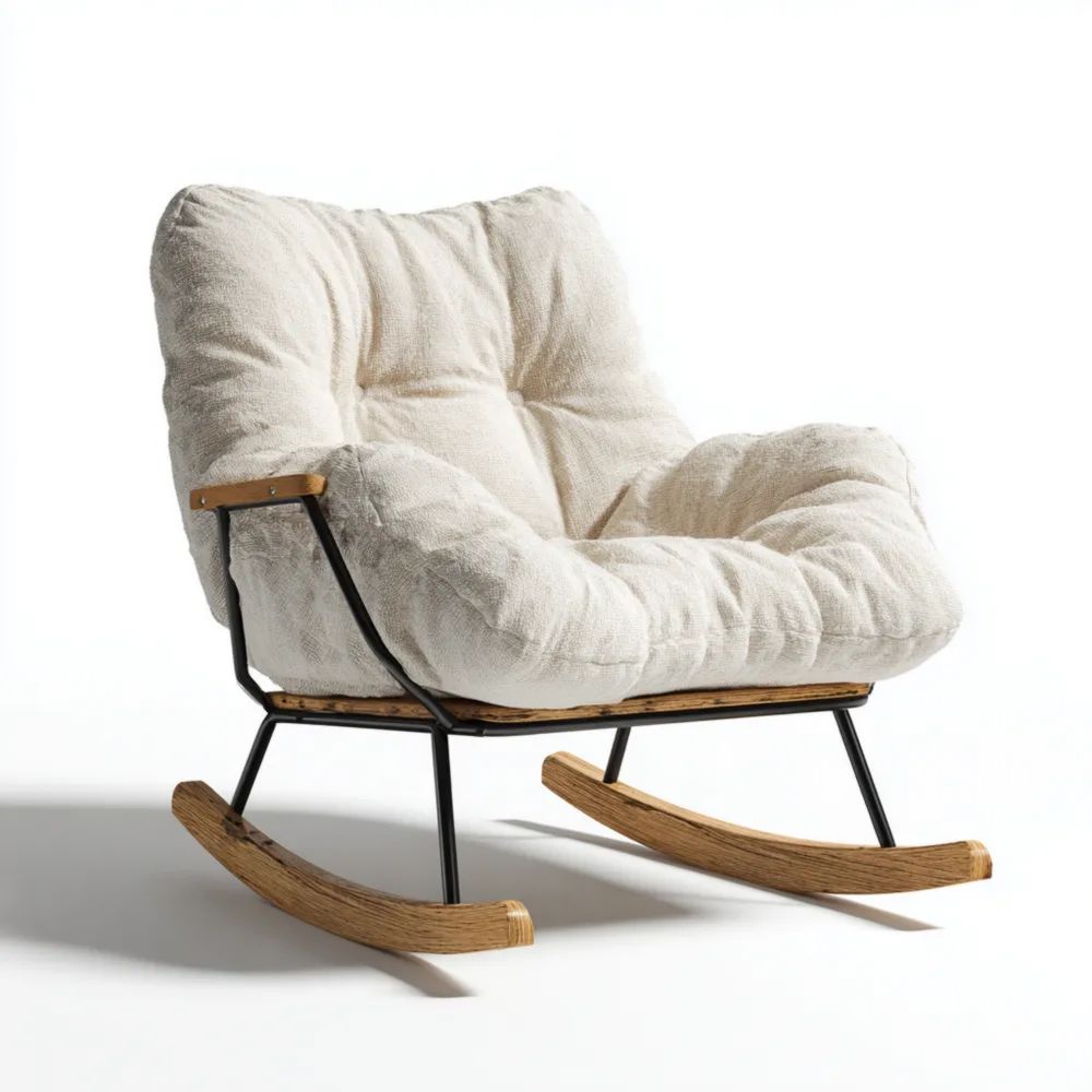 Fauteuil à bascule 100x70x90 cm tissu doux – Blanc cassé – Design moderne-Decoelivo