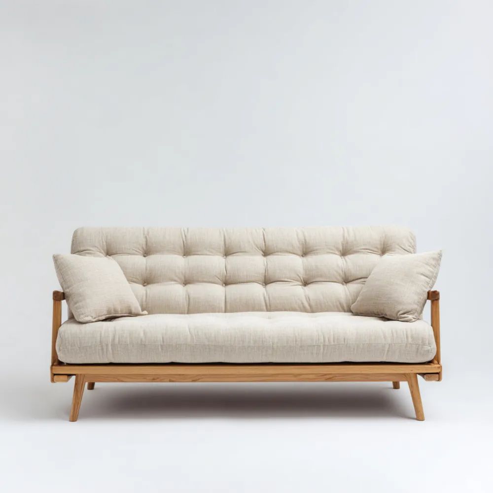 Canapé 2 places en bois et tissu Beige – Design scandinave 150x80x85 cm-Decoelivo