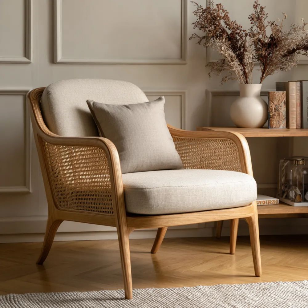 Fauteuil en rotin et tissu 70x75x80 cm - Beige - Design contemporain-Aestelora