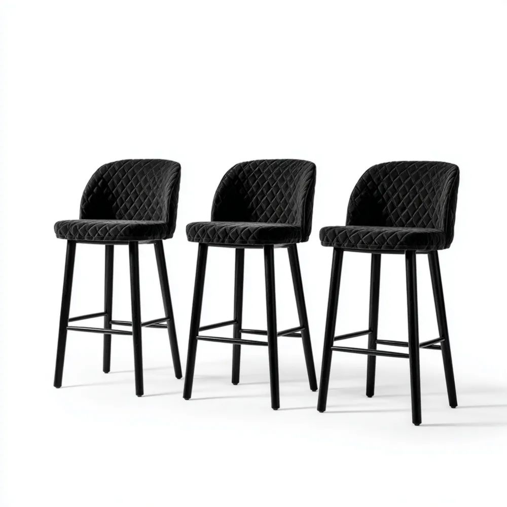 Tabouret de bar en velours Noir 45x45x100 cm avec dossier haut - Lot de 3 - Design contemporain-Aestelora