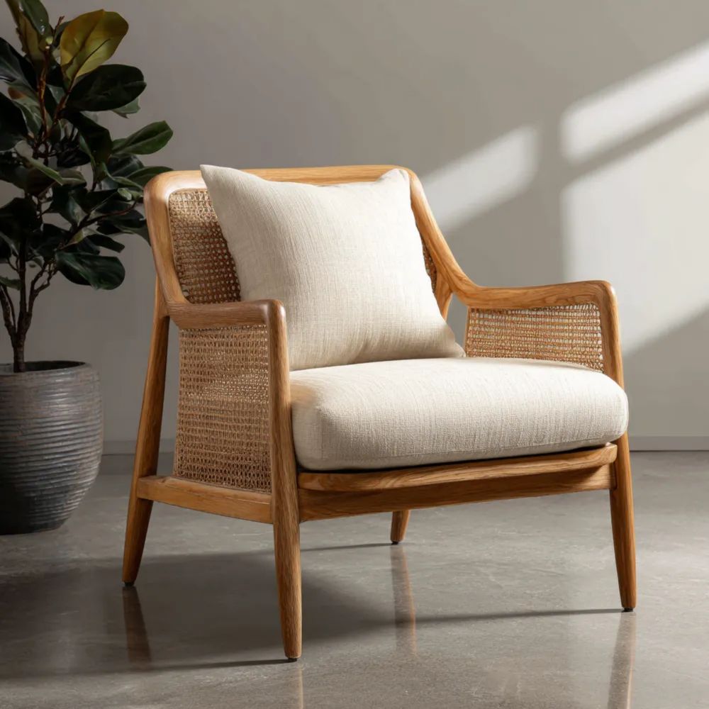 Fauteuil en bois et rotin 75x85x80 cm - Beige - Design classique-Formelano