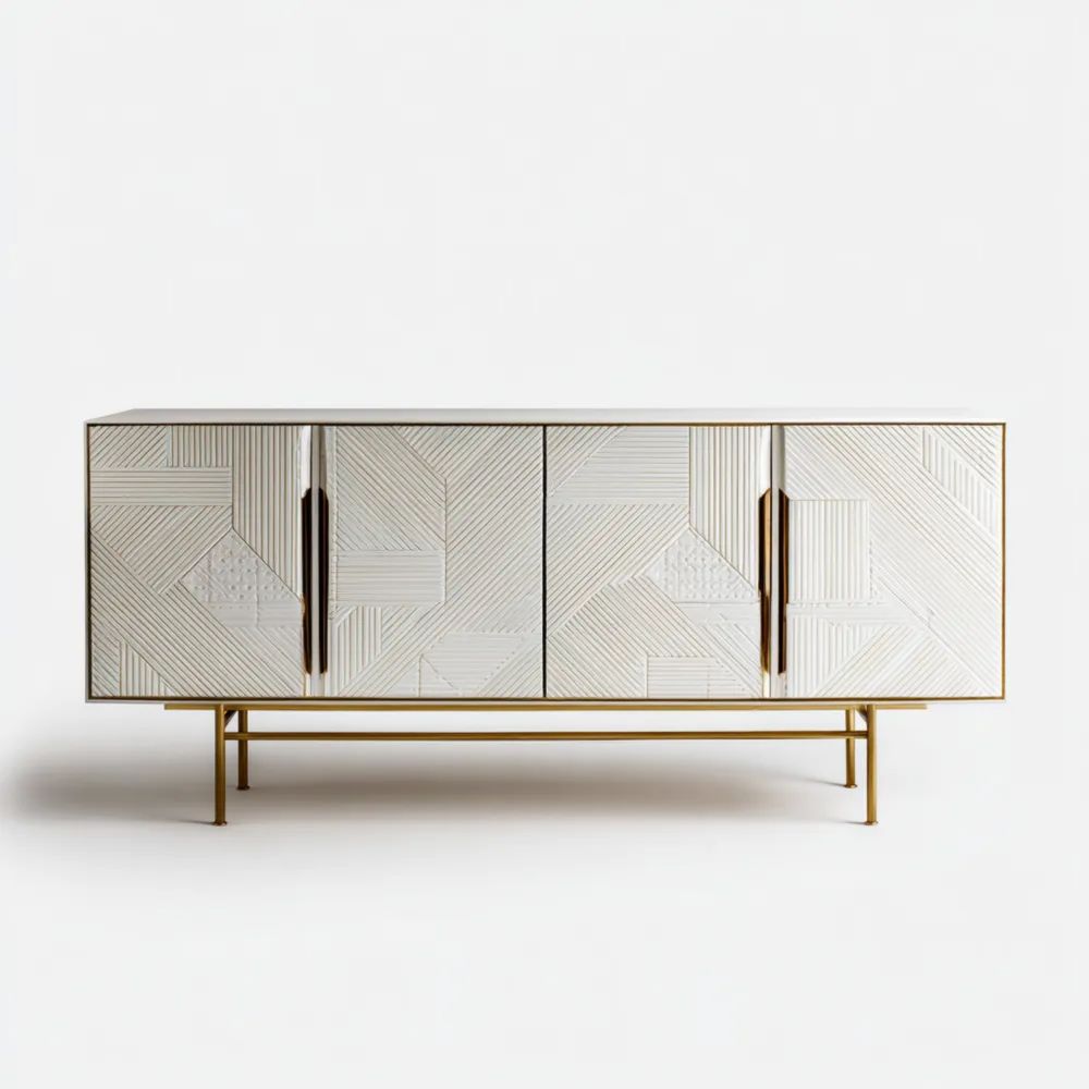 Buffet Bois et Métal 160x45x75 cm – Blanc/Or – Design Moderne-Formelano