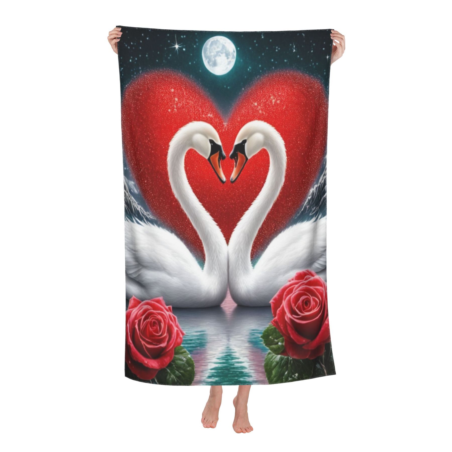 Valentine's Day Swan Couple with Red Roses Bath Towel