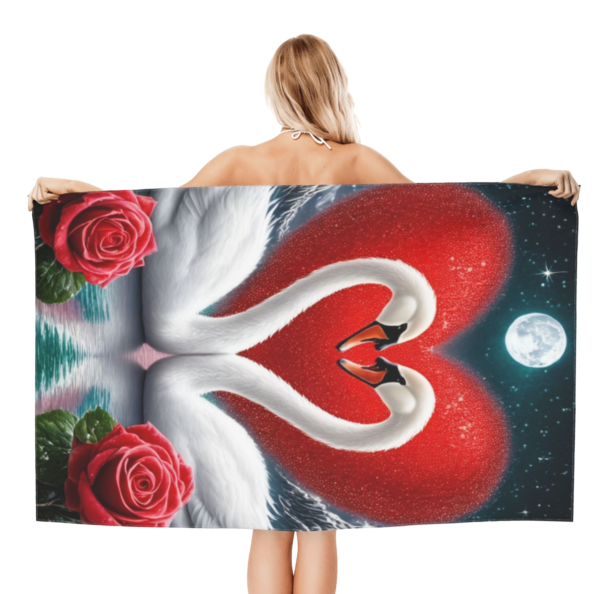 Valentine's Day Swan Couple with Red Roses Bath Towel