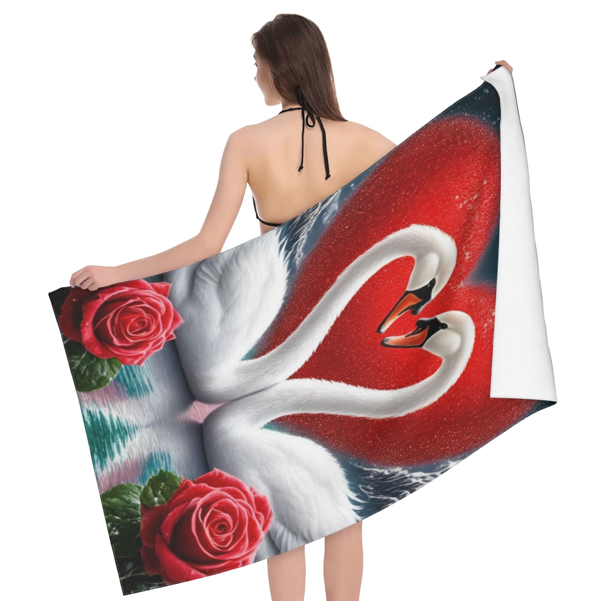 Valentine's Day Swan Couple with Red Roses Bath Towel
