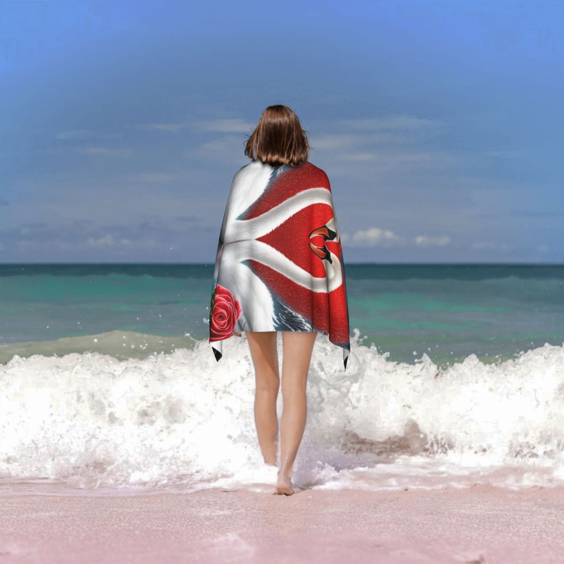 Valentine's Day Swan Couple with Red Roses Bath Towel