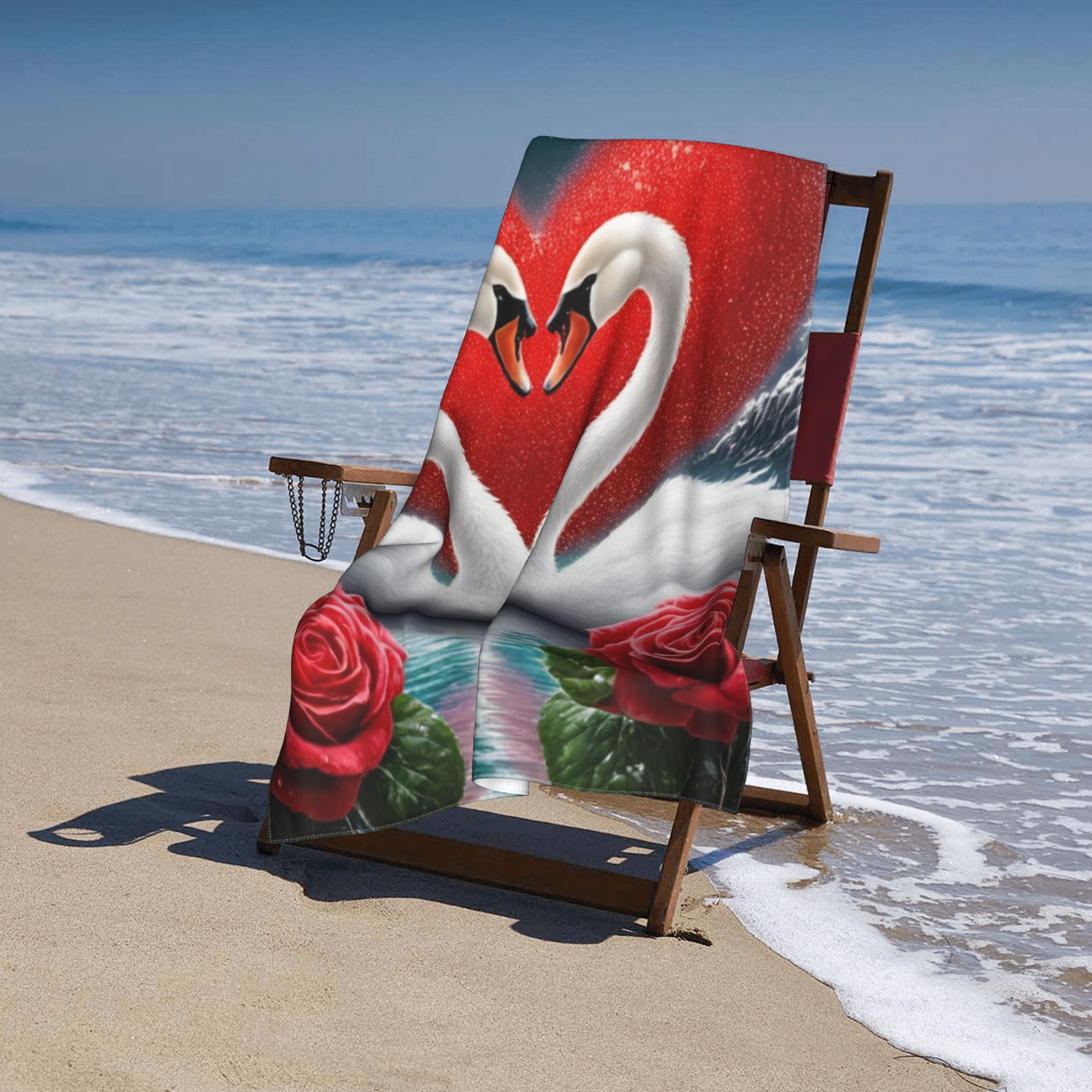 Valentine's Day Swan Couple with Red Roses Bath Towel