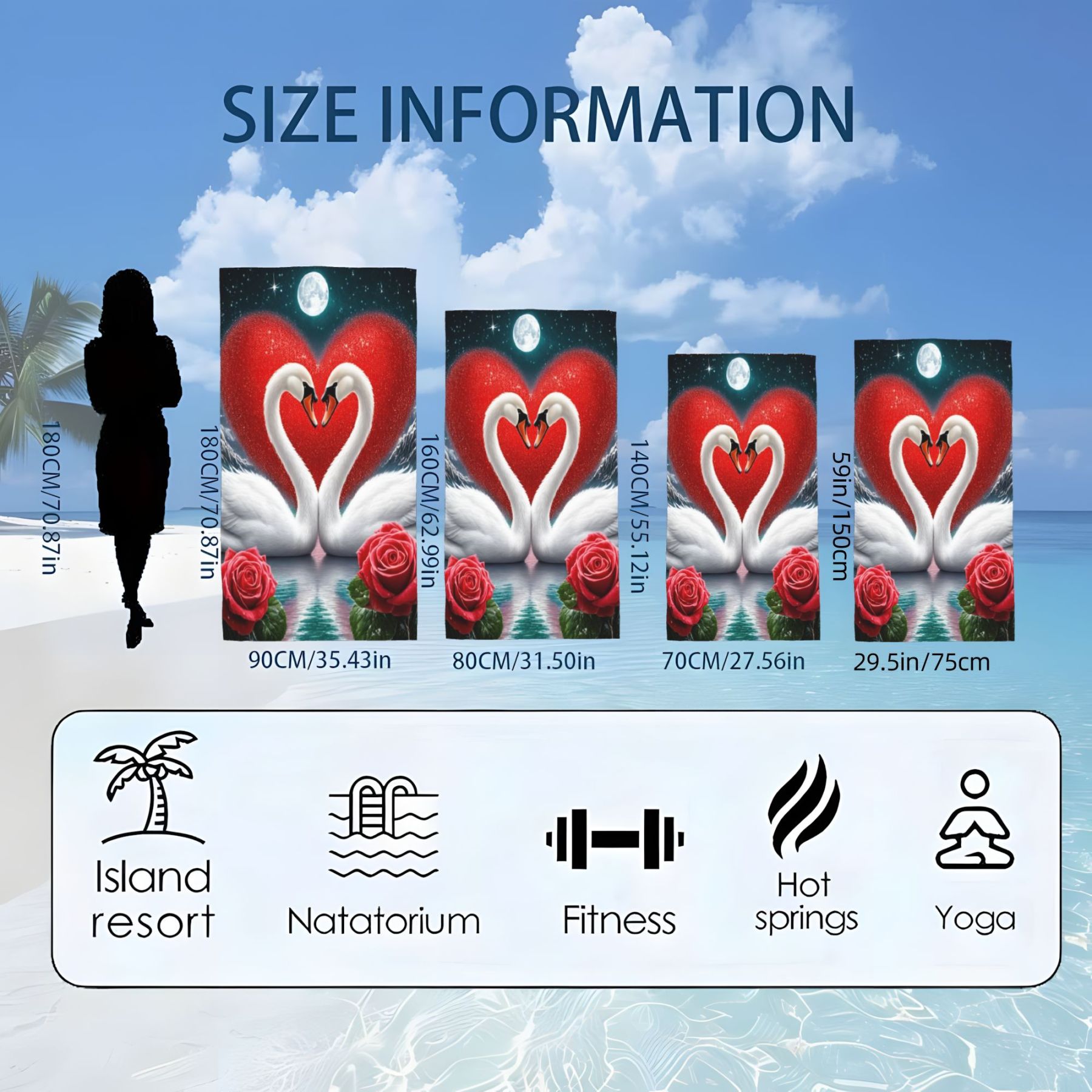 Valentine's Day Swan Couple with Red Roses Bath Towel