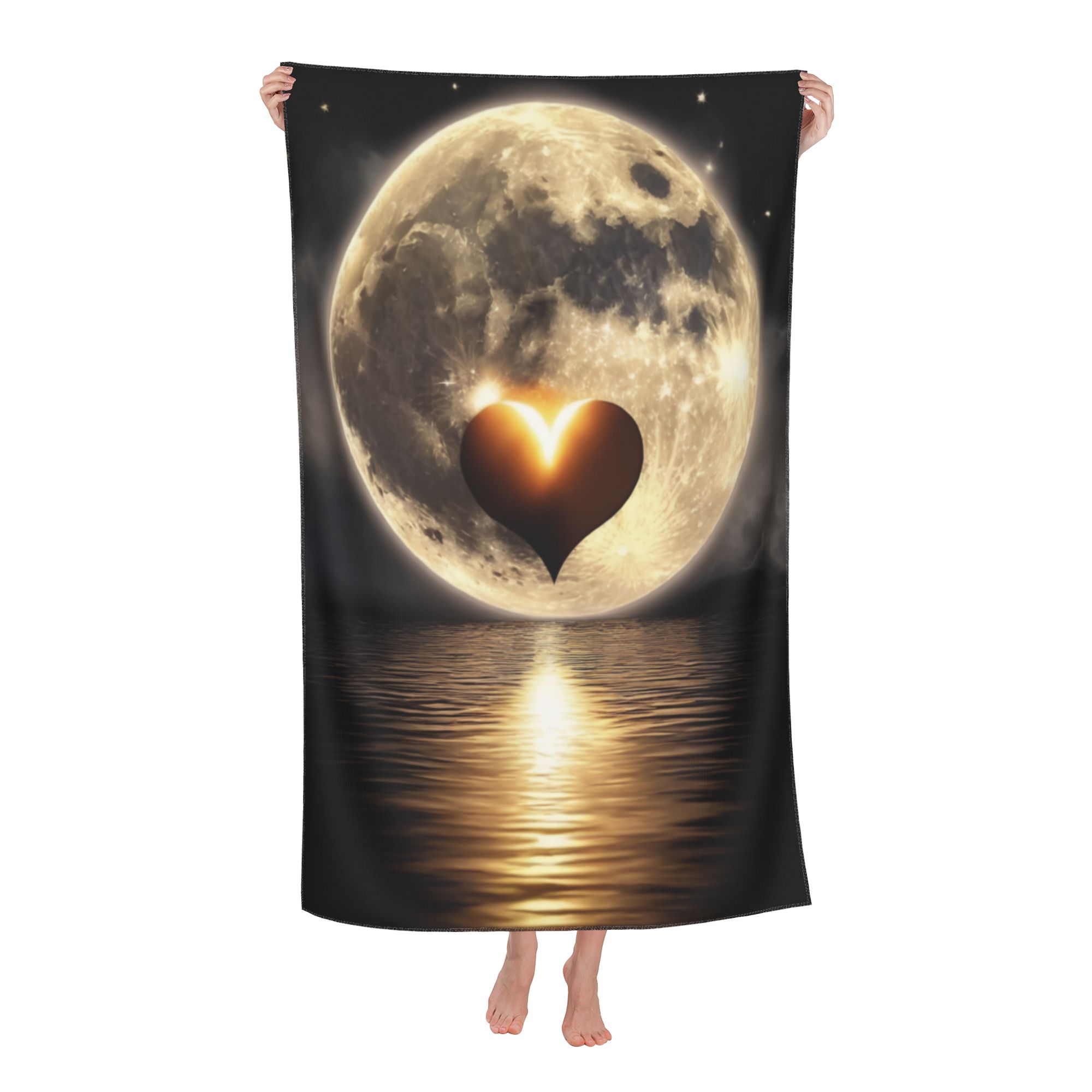 Moonlit Heartbeat Beach Towel: Cosmic Love & Ocean Waves Design