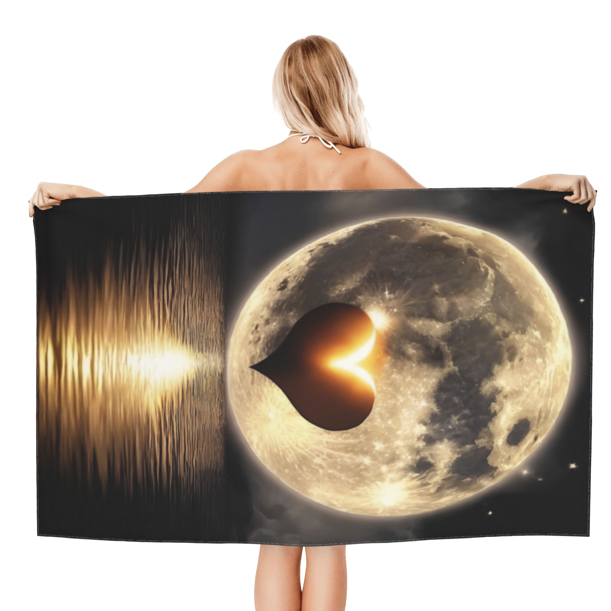 Moonlit Heartbeat Beach Towel: Cosmic Love & Ocean Waves Design