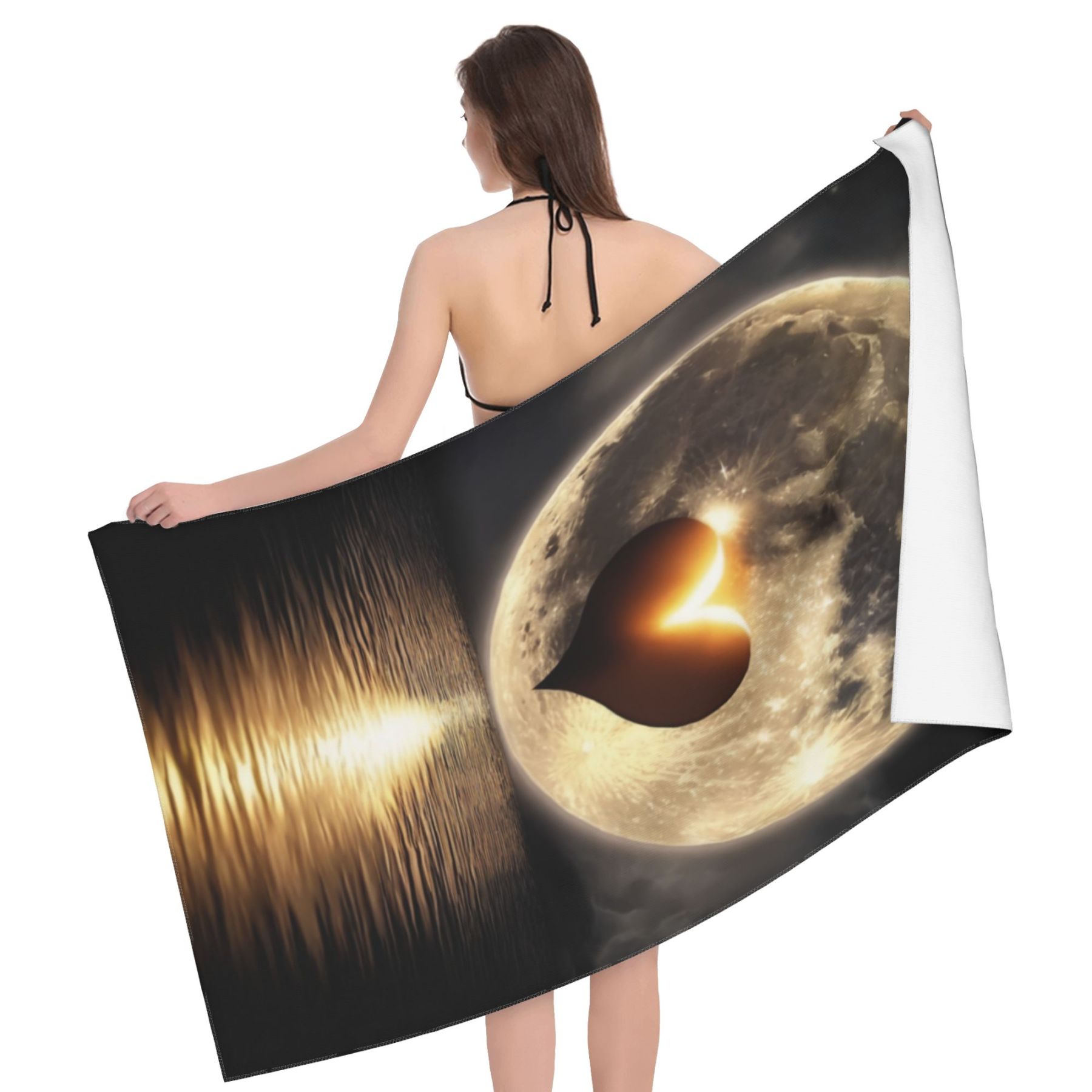 Moonlit Heartbeat Beach Towel: Cosmic Love & Ocean Waves Design