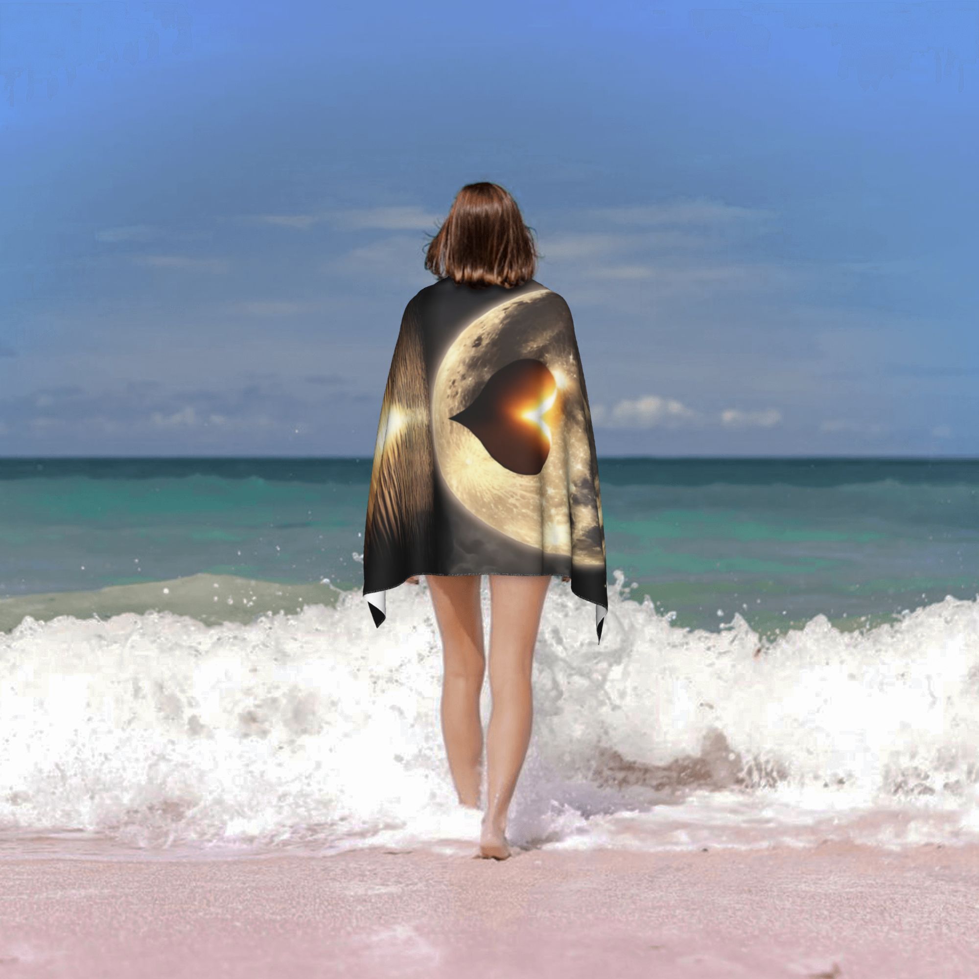 Moonlit Heartbeat Beach Towel: Cosmic Love & Ocean Waves Design