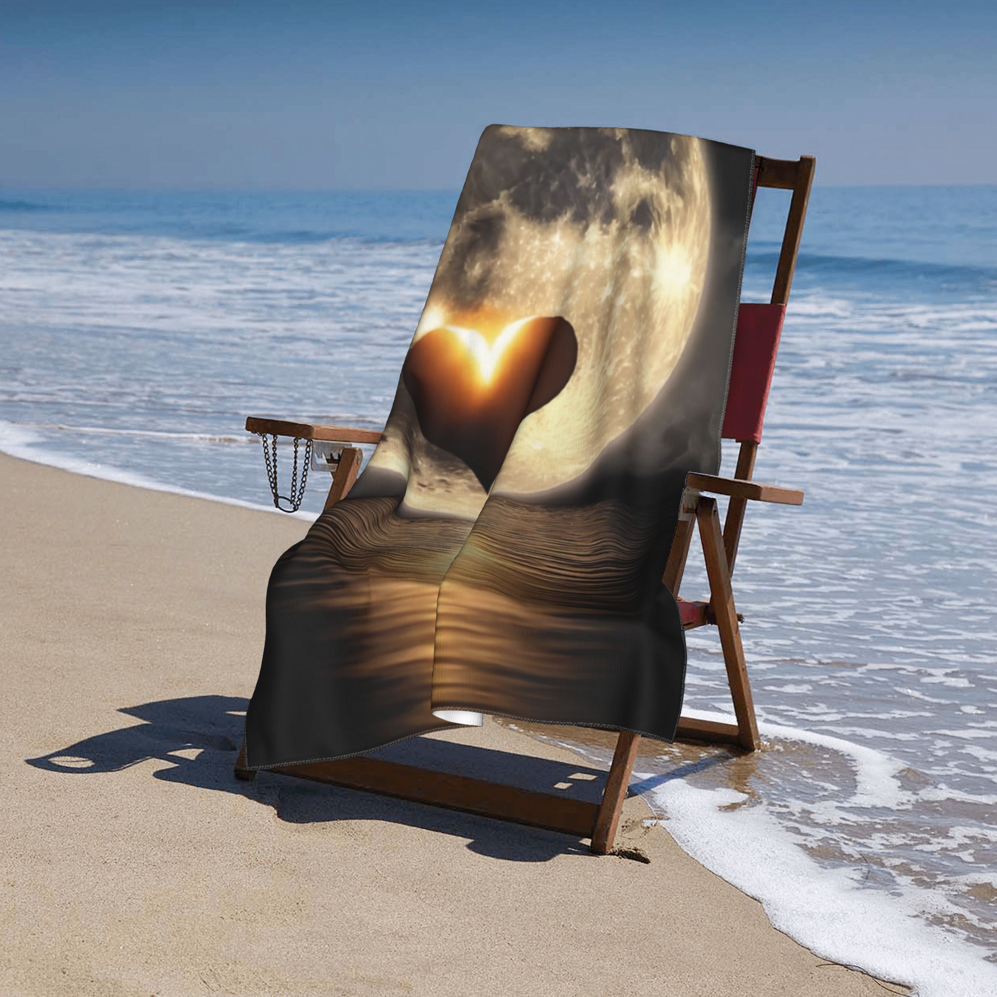 Moonlit Heartbeat Beach Towel: Cosmic Love & Ocean Waves Design