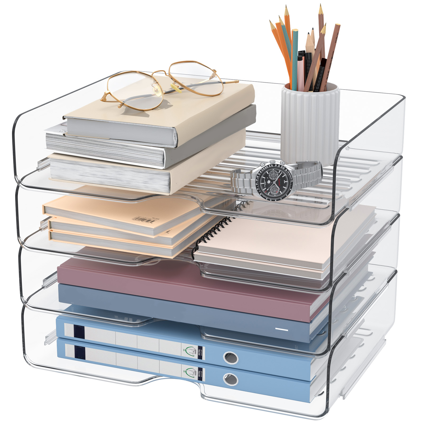 4 Pack A4 Acrylic Letter Tray – Stackable Document Organiser, Transparent Premium Clear Filing Organizer Trays for Magazines, Notes, A4 Size File Paper(Sturdy Design)