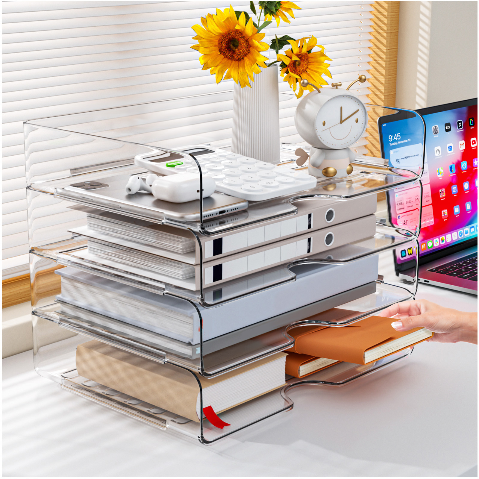 4 Pack A4 Acrylic Letter Tray – Stackable Document Organiser, Transparent Premium Clear Filing Organizer Trays for Magazines, Notes, A4 Size File Paper(Sturdy Design)