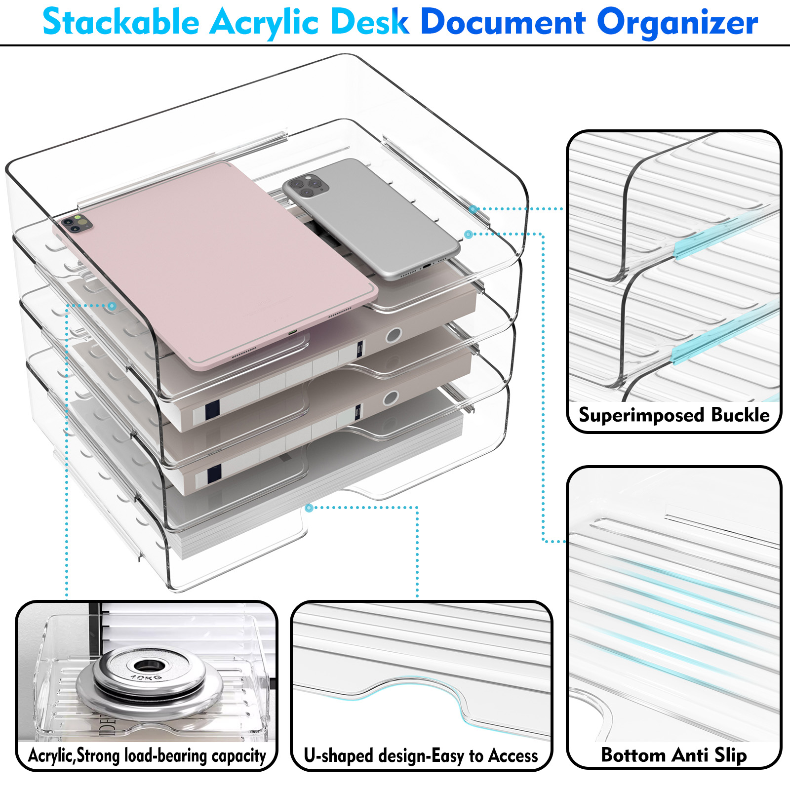 4 Pack A4 Acrylic Letter Tray – Stackable Document Organiser, Transparent Premium Clear Filing Organizer Trays for Magazines, Notes, A4 Size File Paper(Sturdy Design)