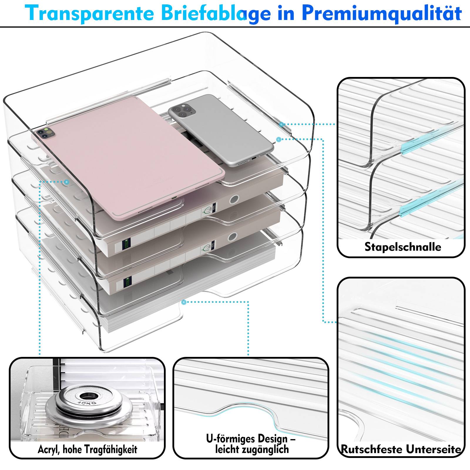 4 Stück Acryl Briefablage in Premium-Qualität, Transparent Ablagefächer Stapelbar, Stapelbares Dokumentenablage, Ablagefächer, Briefablage A4