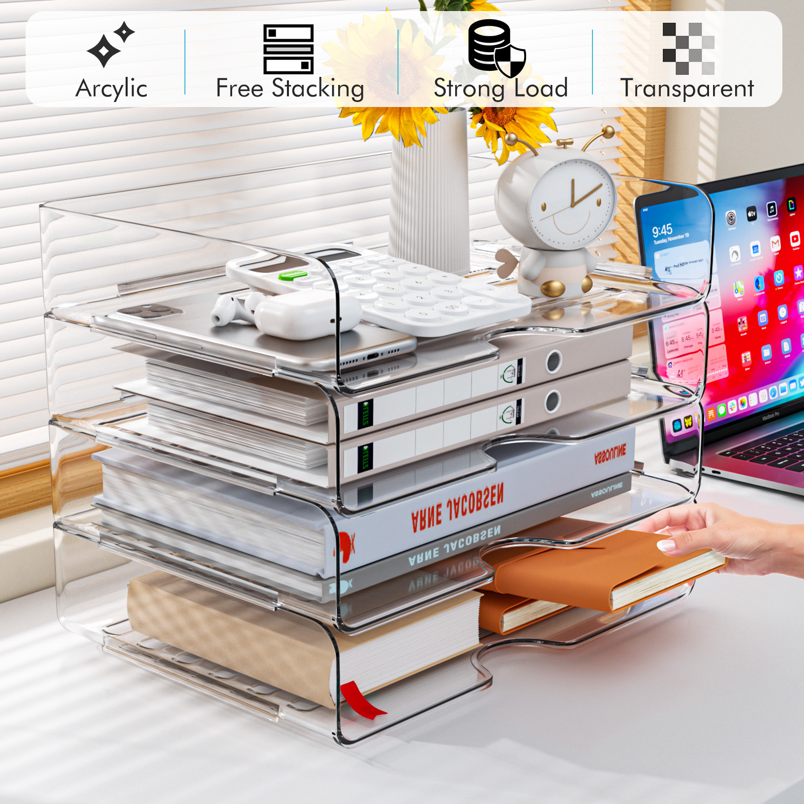 Acrylic Letter Tray in Premium Quality, Transparent Storage Bins Stackable,Stackable Document Tray, Storage Bins, Letter Sheet 2Pack