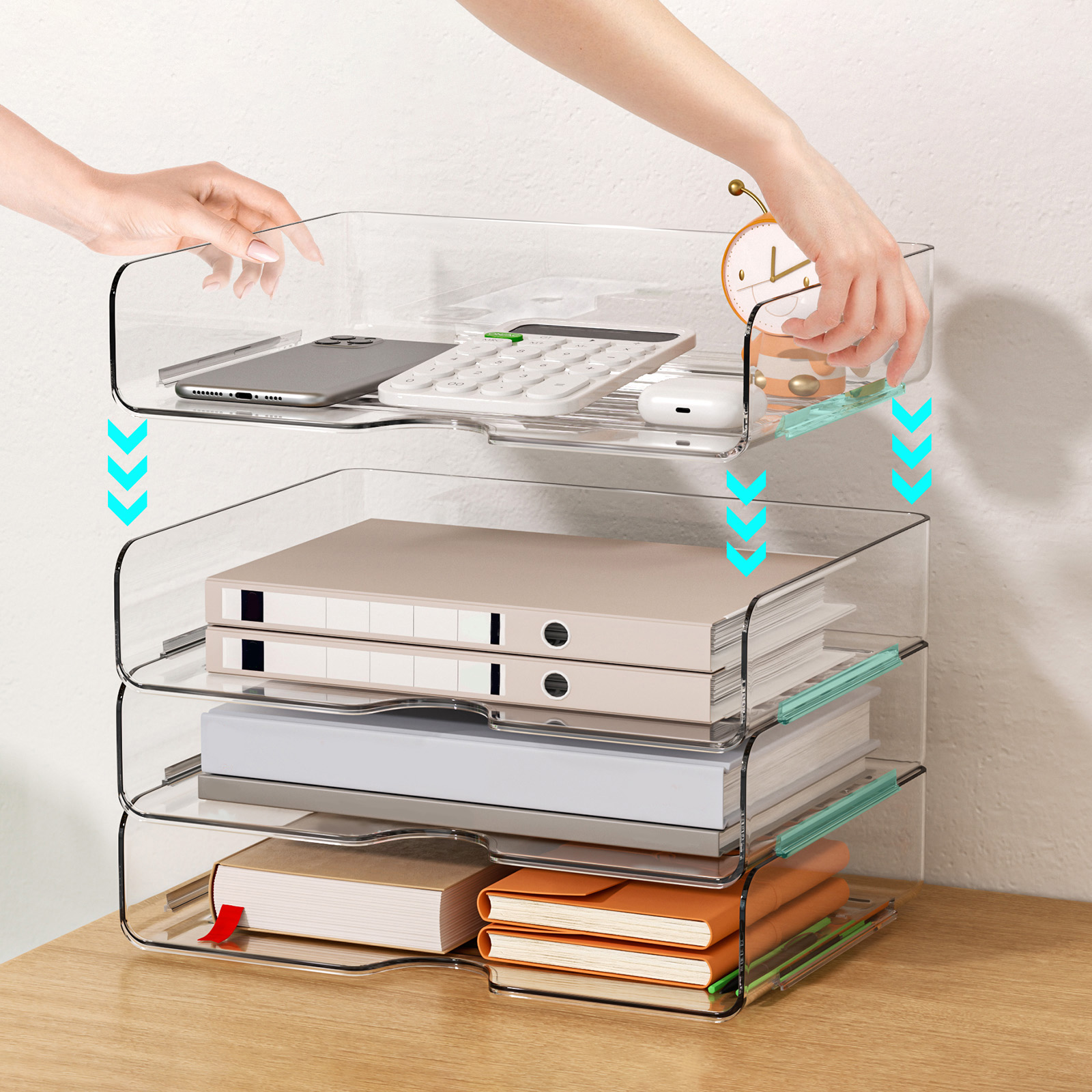 4 Pack A4 Acrylic Letter Tray – Stackable Document Organiser, Transparent Premium Clear Filing Organizer Trays for Magazines, Notes, A4 Size File Paper(Sturdy Design)