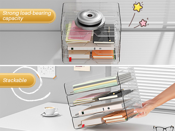 4 Pack A4 Acrylic Letter Tray – Stackable Document Organiser, Transparent Premium Clear Filing Organizer Trays for Magazines, Notes, A4 Size File Paper(Sturdy Design)