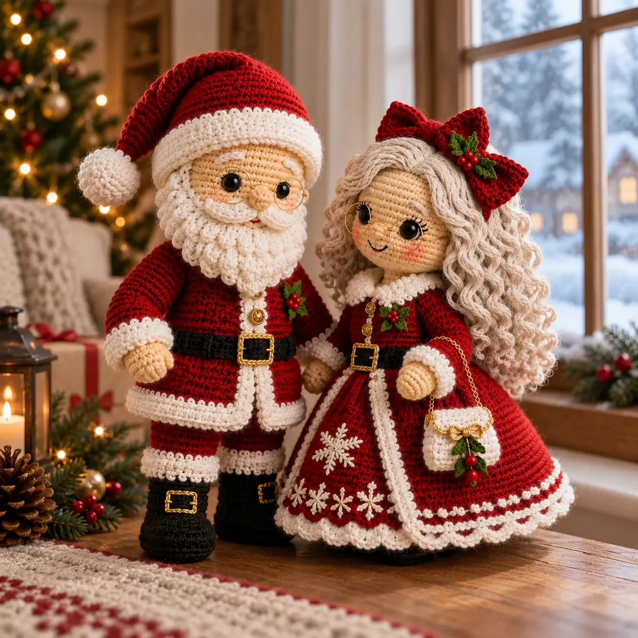 Finished red Santa and Mrs. Claus crochet dolls displayed beside a window with Christmas decorations