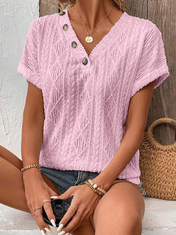 Loose Short Sleeves Buttoned Solid Color V-Neck T-Shirts Tops